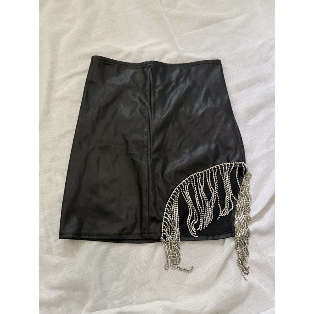 Say What Black Faux Leather Rhinestone Fringe Mini Skirt Bikercore Size S